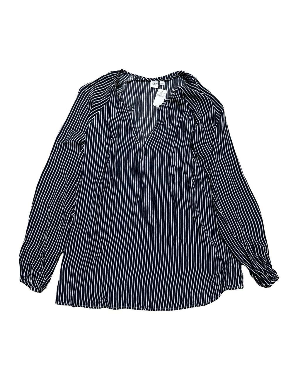GAP Maternity Navy White Striped Pleated V-Neck Long Sleeve Blouse Size L